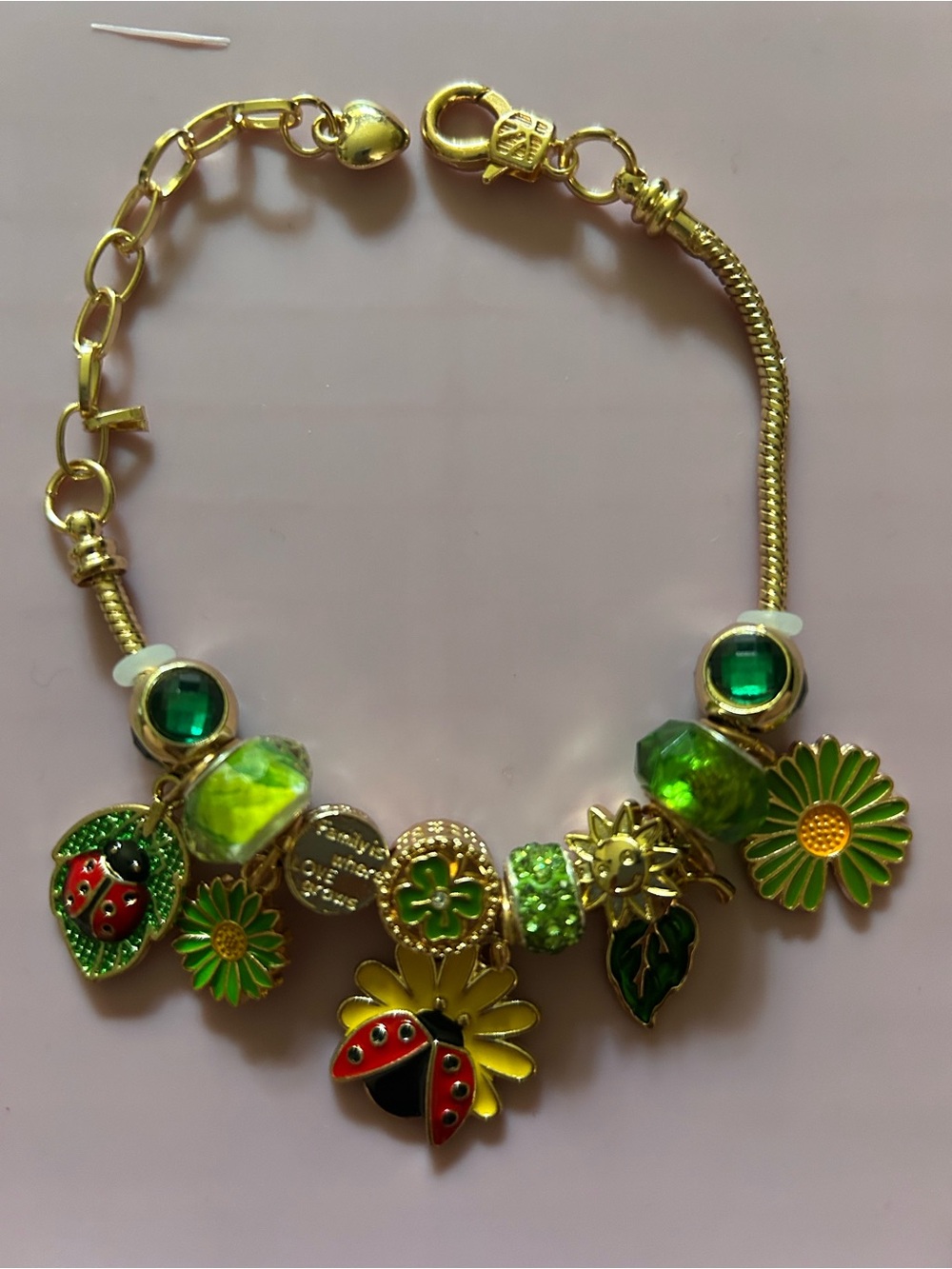 Handmade Gold-Tone Green Charm Bracelet with Ladybug & Flower Accents - Picture 2 of 2